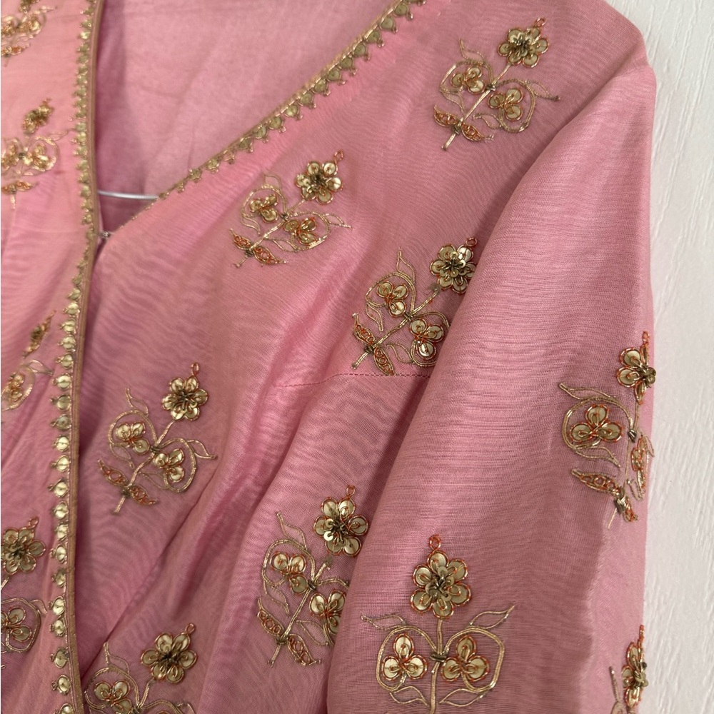 Beautiful peachy pink Chanderi Anarkali floor length with Zardozi Aari handwork